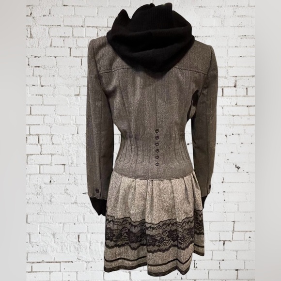 100% Wool Gray Black Lace with Hoodie Pleated Jacket Pea Coat Double Breasted - Picture 4 of 10